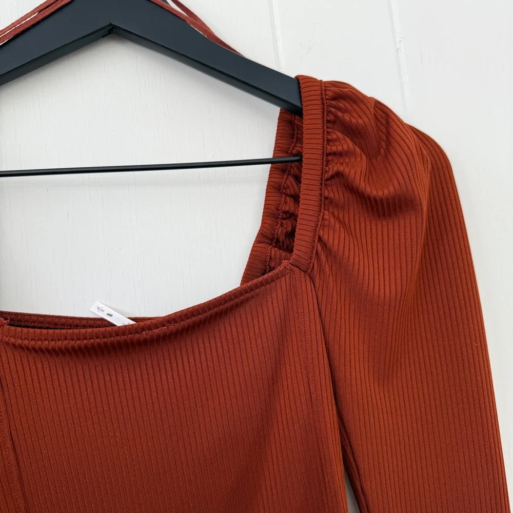 Free People It Girl Square Neck Puff Sleeve Top Long Sleeve Ribbed Rust Orange